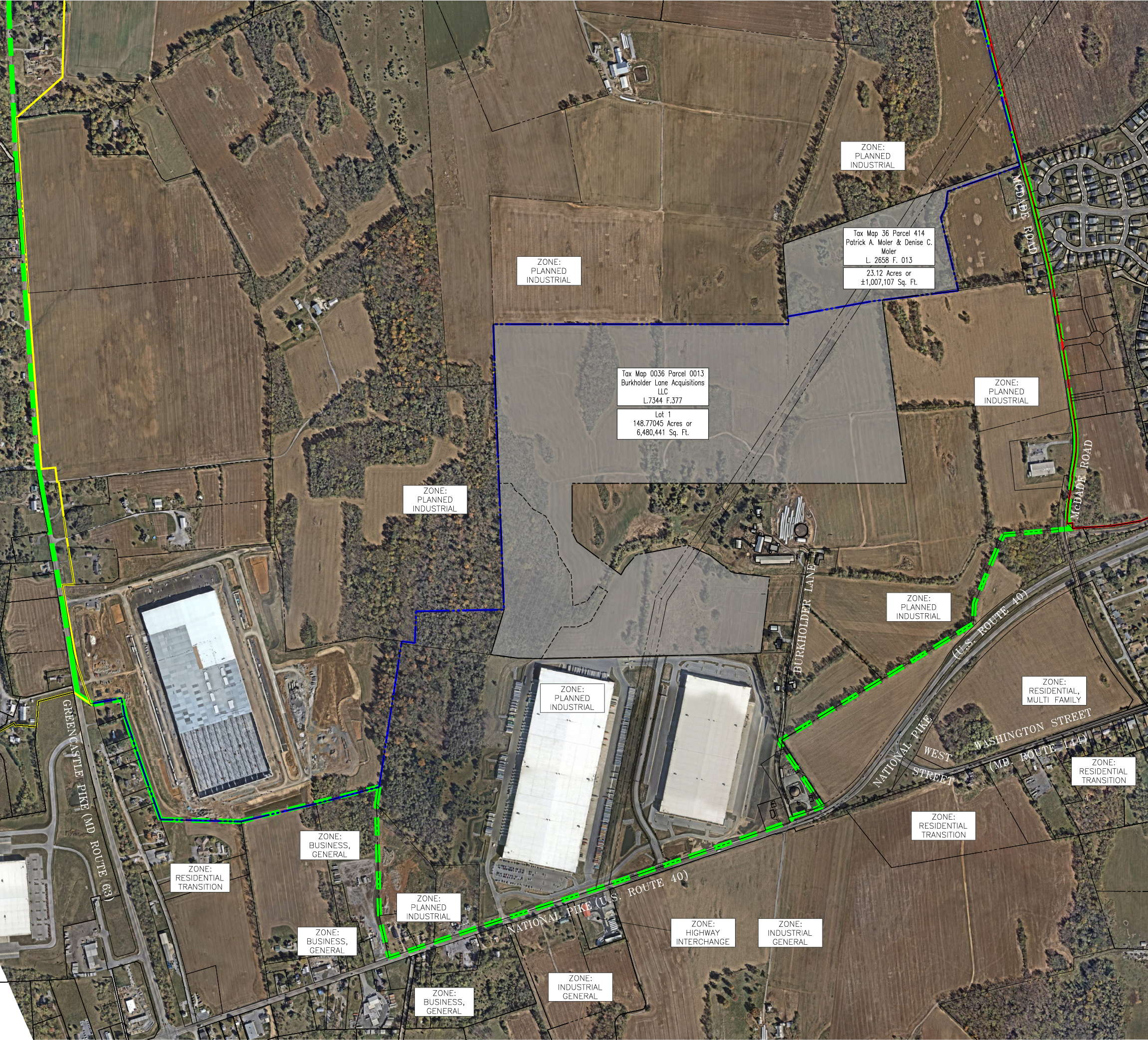 Aerial parcel map of the 12465 Logistics Boulevard property in Washington County, Maryland, showing the property boundary and surrounding roads